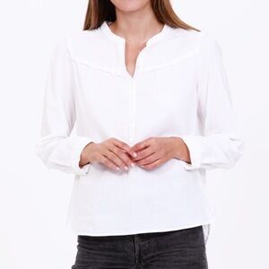 XiRENA Women’s Grace Long Sleeve Ruffle Bust White Cotton  Button Front Blouse
